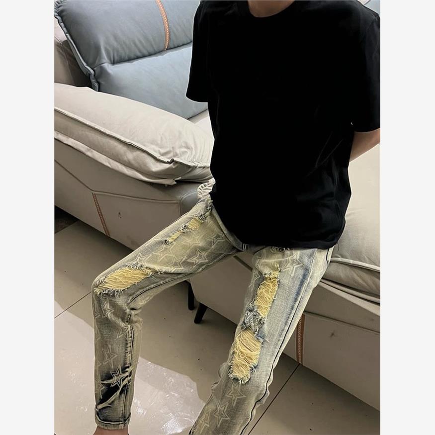 网红同款复古印花五角星牛仔裤男修身直筒欧美个性破洞休闲长裤