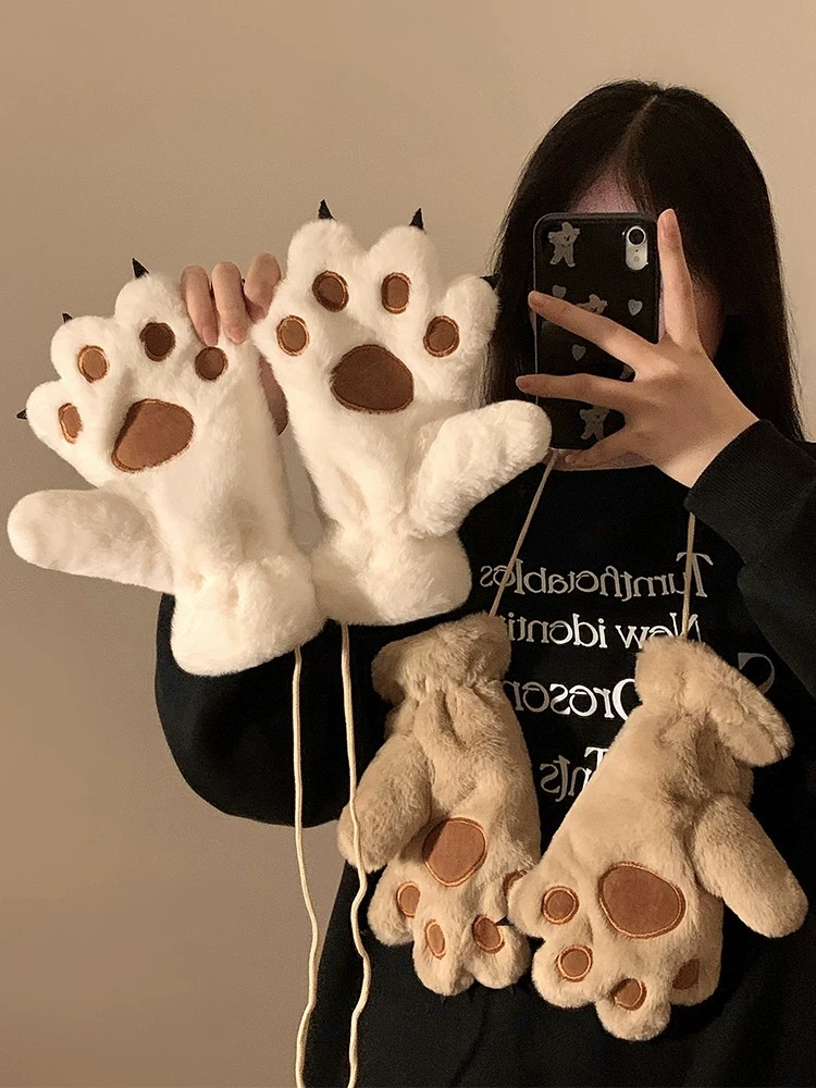 卡通可爱猫爪毛绒手套女挂脖学生软妹加绒加厚防风防寒冬季骑行潮