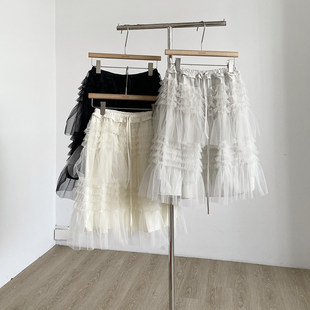 甜美芭蕾风网纱拼接蛋糕半身裙女2026春季 松紧腰多层裙摆百褶半裙
