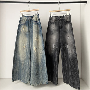 百搭阔腿长裤 街头复古甜酷风高腰破洞设计宽松牛仔直筒裤 女春夏季