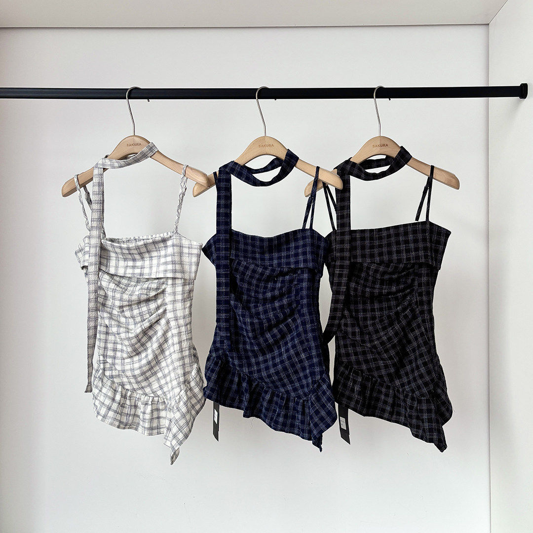 美式辣妹风格子抹胸吊带背心女夏季新品小众修身显瘦飘带外穿上衣