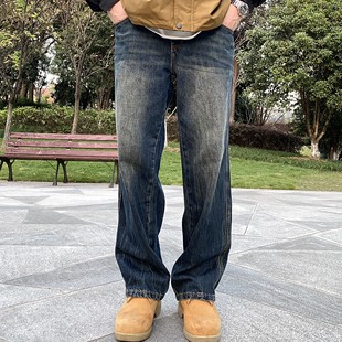 日系复古做旧长裤 NICE 水洗重磅宽松直筒牛仔裤 工装 男 LILI美式