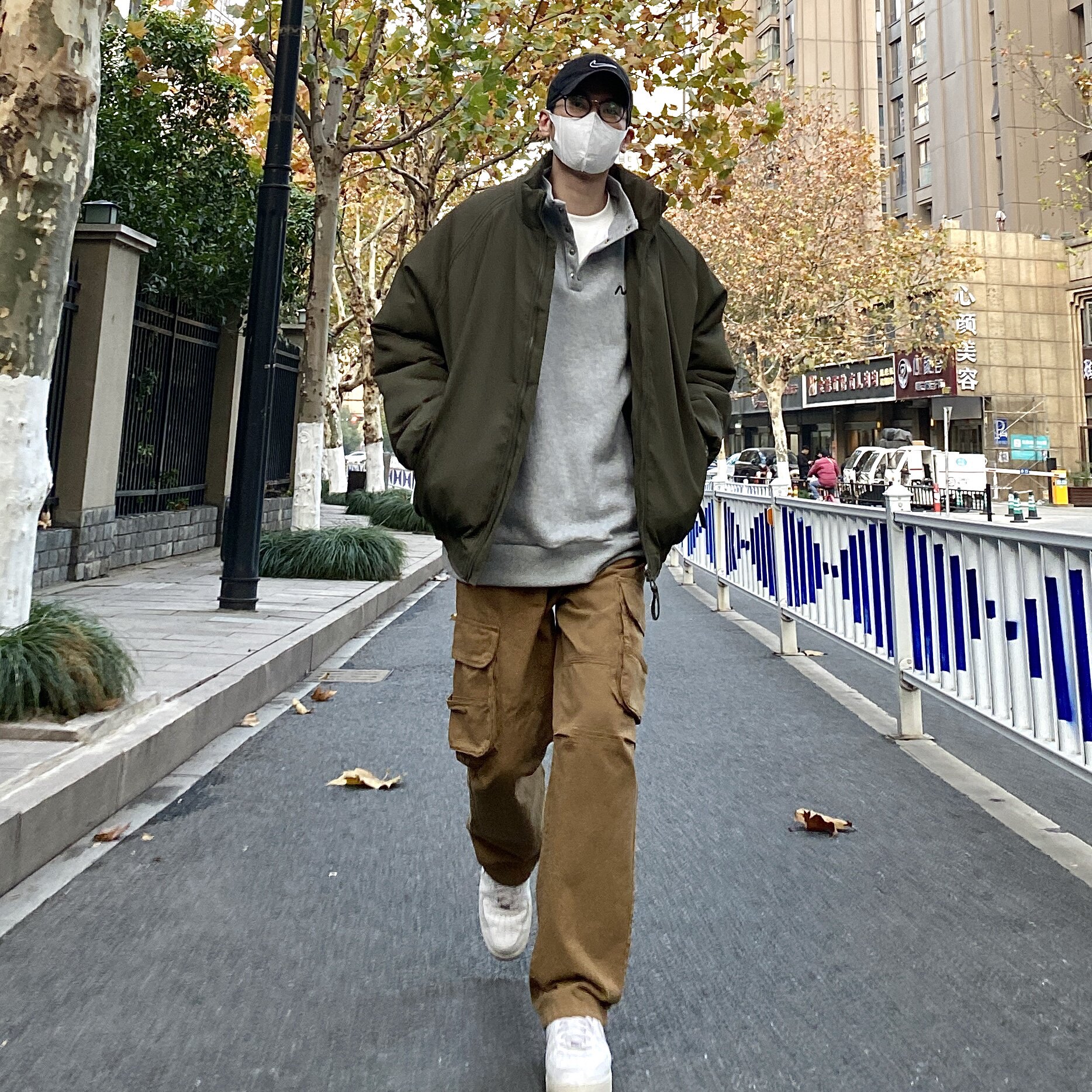 NICE LILI冬季美式工装宽松简约立领棉服日系复古插肩袖外套男