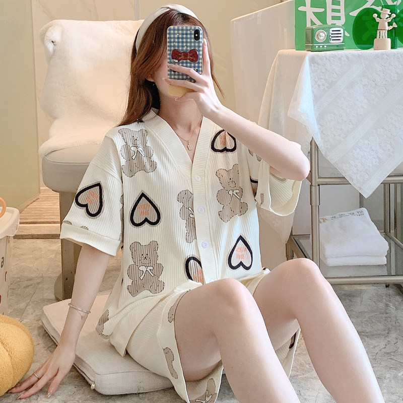 봄과 여름 얇은 순면 산후 모유 수유 및 땀 흡수 감금 옷 여성을위한 반팔 반바지 출산 잠옷 7 월 8 일