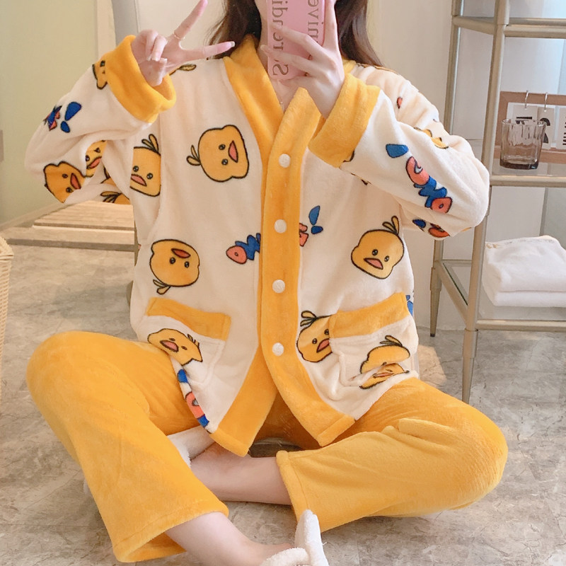 플란넬 두꺼운 산후 모유 수유 및 모유 수유 봄 가을 겨울 순면 산호 벨벳 감금 의류 10 월 출산 잠옷