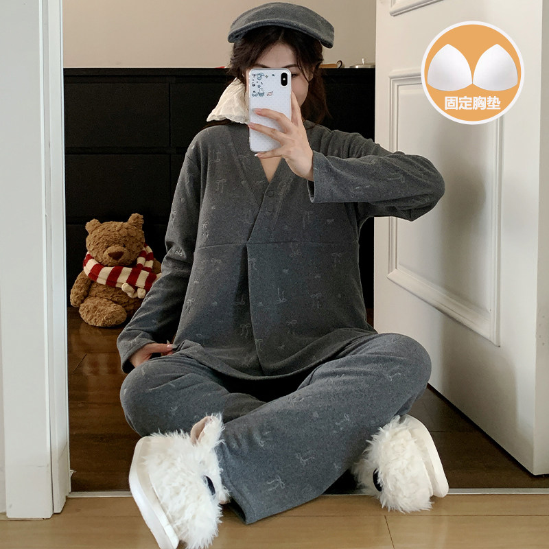 带胸垫德绒产后哺乳月子服