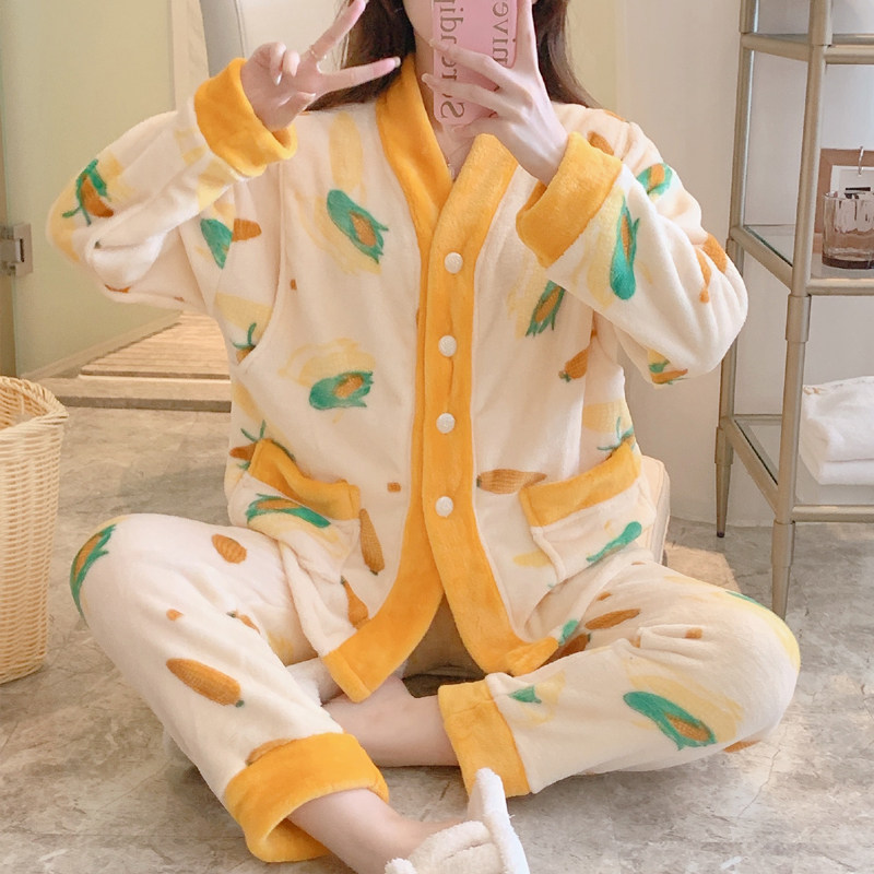 플란넬 두꺼운 산후 모유 수유 및 모유 수유 봄 가을 겨울 순면 산호 벨벳 감금 의류 10 월 출산 잠옷