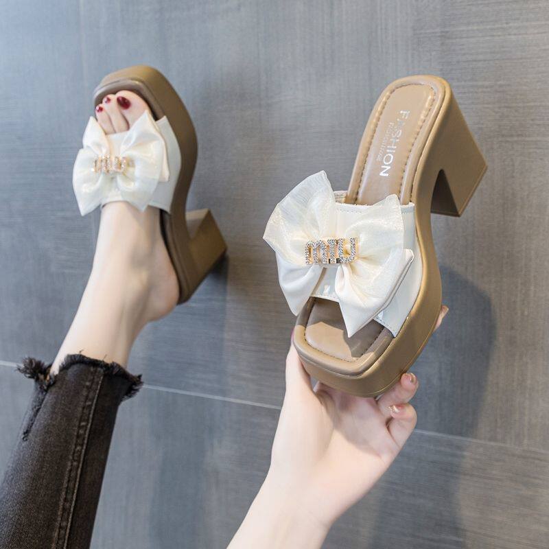粗跟拖鞋女外穿夏季2023年新款蝴蝶结方头中跟坡跟增高仙女风凉鞋