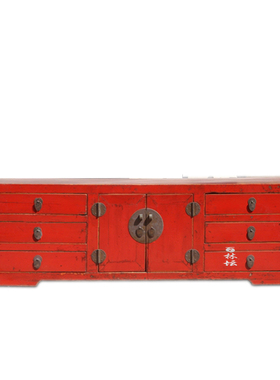 百林坛红色婚庆2门6屉客厅电视机柜子矮柜实木 古典榆木家具简约