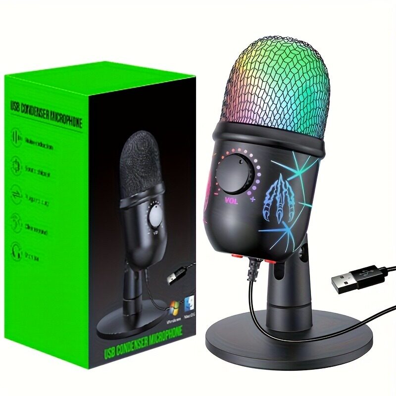 USB Condenser Microphone with RGB Lighting, Noise Reduction