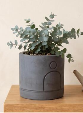 简约风圆形水泥深灰色立体造型室内绿植盆栽高级感