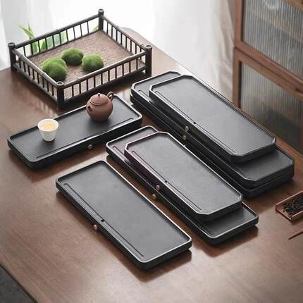 乌金石整块小型家用中式茶盘茶台干湿分离排水式长形茶具小托盘