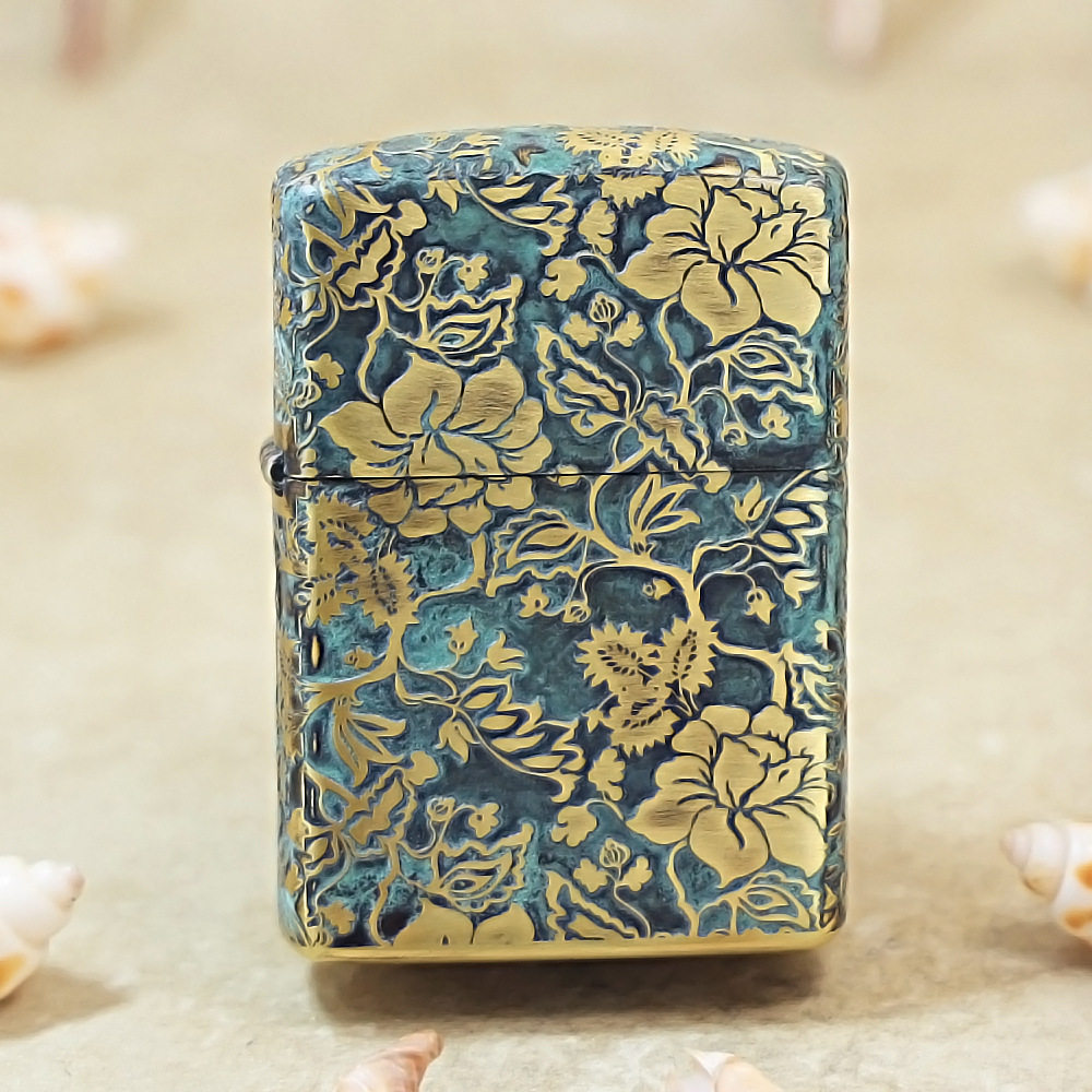 ZIPPO正品煤油打火机 青铜牡丹花草树木植物五面雕刻盔甲送礼收藏