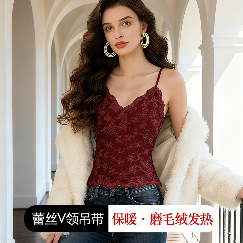 带胸垫保暖蕾丝吊带背心女