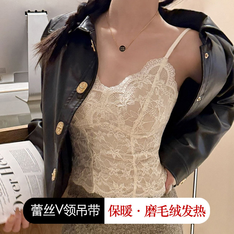 保暖带胸垫蕾丝吊带背心女内搭