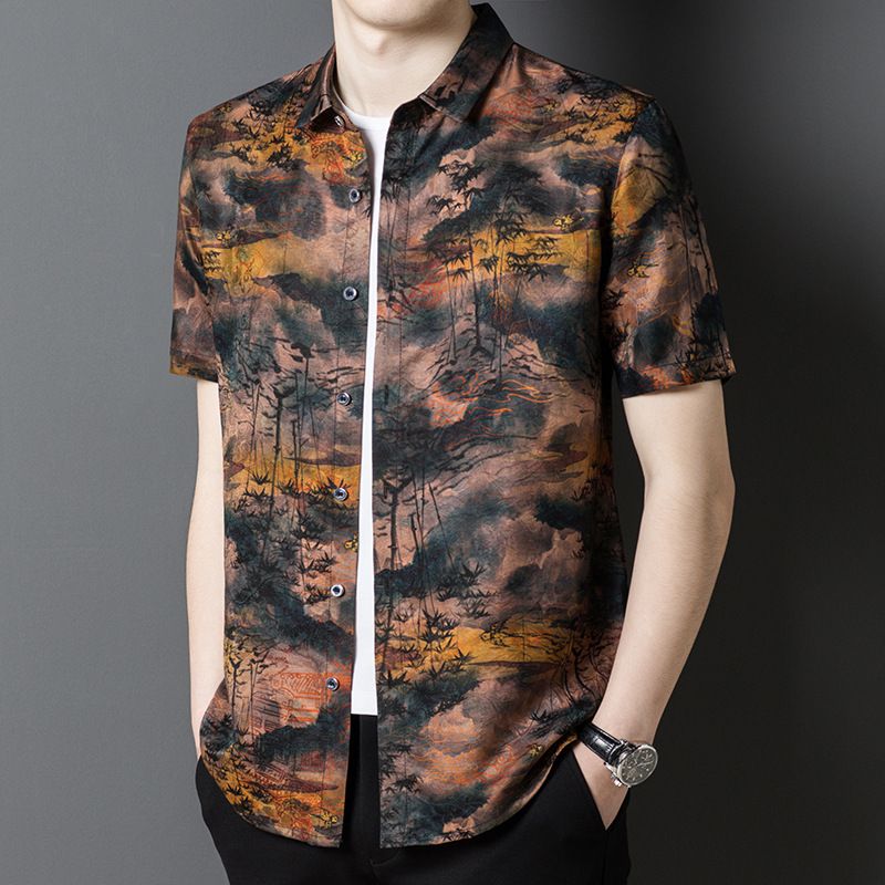 香云纱桑蚕丝衬衫男士短袖夏季免烫商务休闲中年真丝绸缎复古衬衣