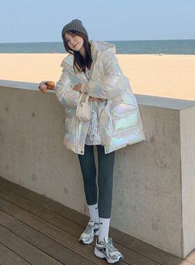 2024冬季新款镭射炫彩亮光面免洗羽绒棉服女宽松加厚棉衣时尚外套