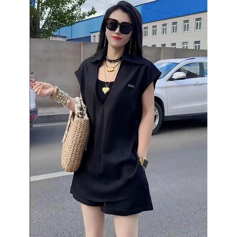 欧洲站2025夏季新款时尚休闲宽松显瘦无袖衬衫阔腿短裤两件套装女