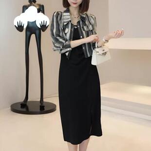 女2023新款 休闲时尚 水墨衬衫 搭开叉吊带裙套装 上衣两件套 早秋短款