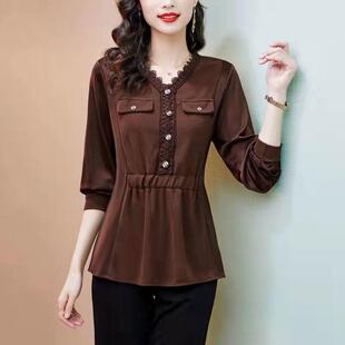 时尚 2024春秋装 遮肚子蕾丝上衣女士中年高贵洋气小衫 时髦长袖 衬衫