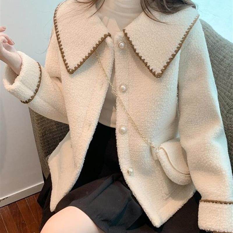 2024冬季新款小香风加厚摇粒绒短外套女娃娃领皮毛一体羊羔毛上衣