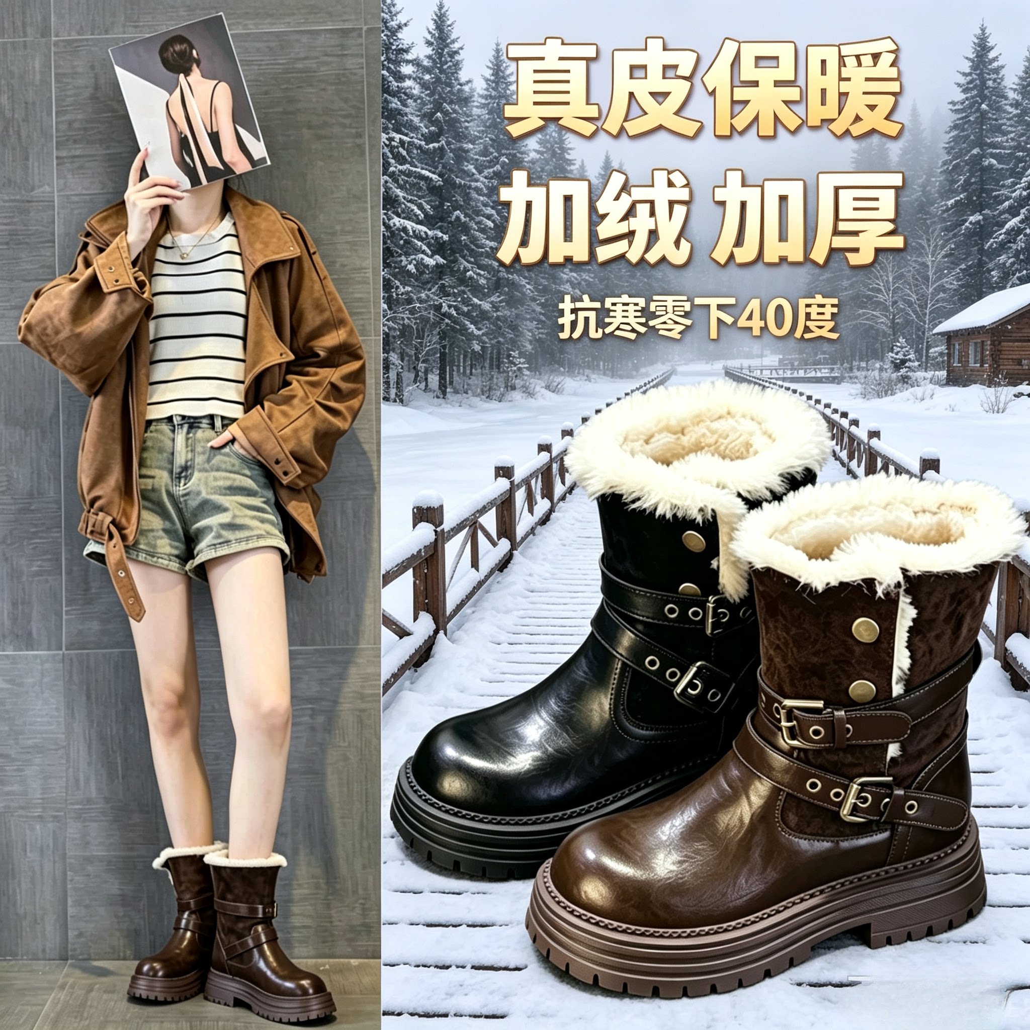 东北真皮女雪地靴新款加绒增高