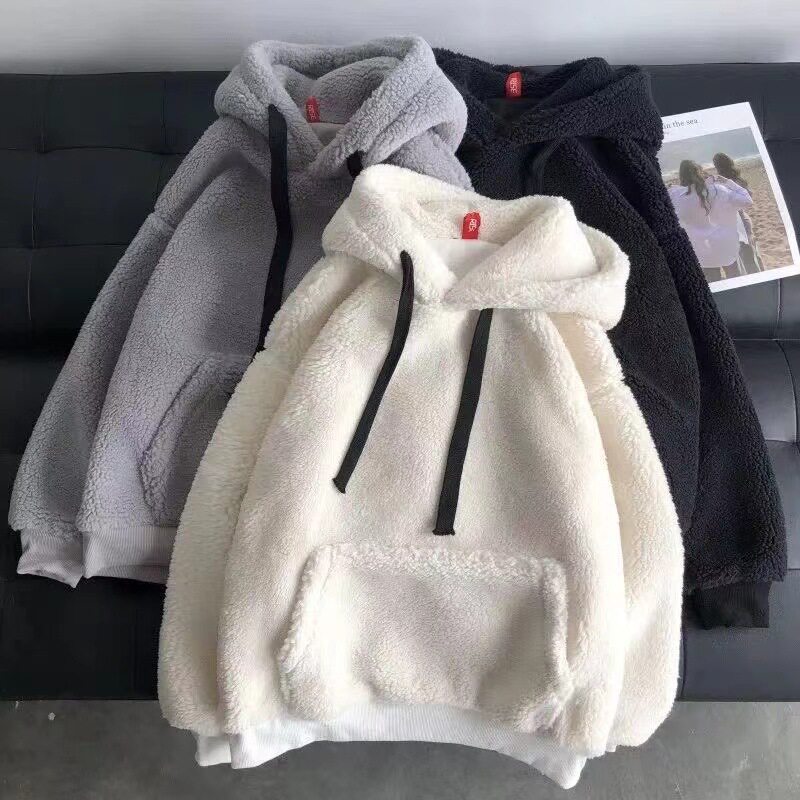 仿羊羔毛卫衣季冬女韩版简约情侣装男女同款加绒加厚连帽宽松