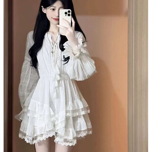 春夏季超仙收腰显瘦长袖连衣裙女蓬蓬蛋糕裙气质甜美小白裙子女装