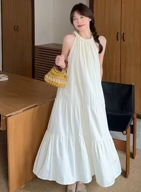 春夏季甜美显瘦挂脖吊带连衣裙女慵懒休闲宽松无袖背心裙收腰女装