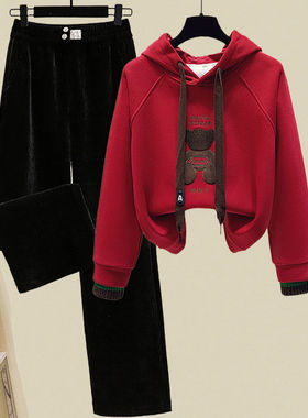加厚休闲裤连帽两件套一整套冬季过年雪尼尔卫衣套装裙女加绒女装