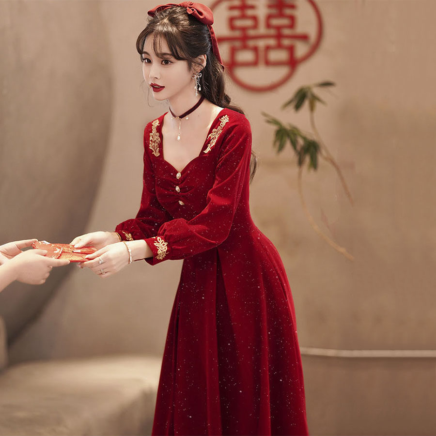 敬酒服新娘2026新款酒红色长袖连衣裙高级感订婚晚礼服女冬季女装,女装/女士精品,大码连衣裙,淘宝优惠券,粉丝福利购,淘宝优惠卷