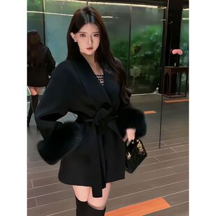 气质薄款毛呢外套女秋冬季宽松高级感小个子中长款收腰显瘦大衣潮