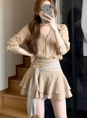 2026春夏季新款法式温柔风套装女长袖衬衫上衣半身短裙两件套女装