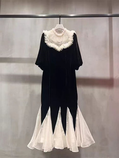 大码胖mm贵妇木耳边轻奢钉珠撞色网纱拼接丝绒蓬蓬鱼尾礼服连衣裙