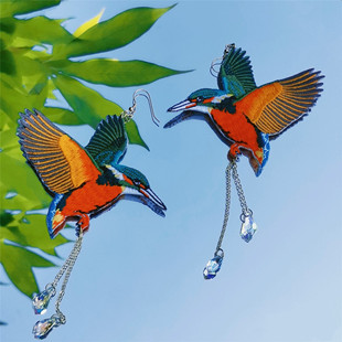 国风翠鸟刺绣耳环超夸张气质复古旗袍汉服新中式耳饰耳坠