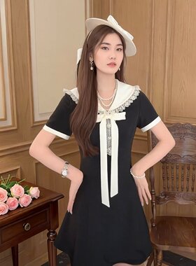夏季大码海军领蝴蝶结显瘦连衣裙