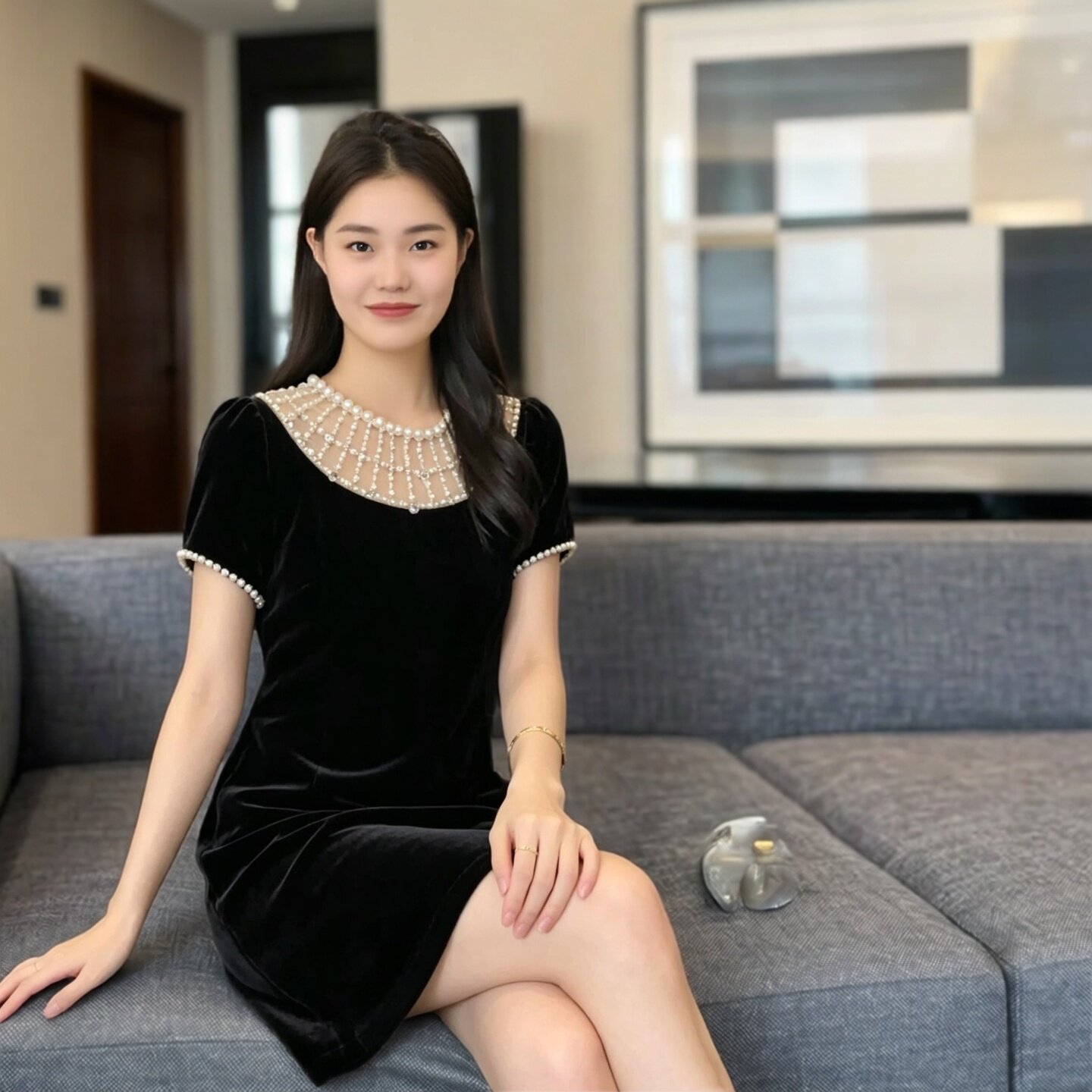 大码胖mm重工轻熟优雅风黑色珍珠领丝绒连衣裙女显瘦小黑裙气质