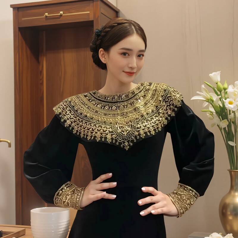 大码MM新品高贵气质丝绒小众设计重工洋气女神范法式 连衣裙