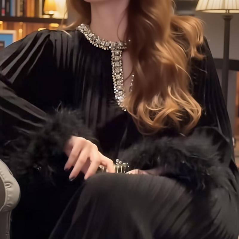 重工镶钻压褶连衣裙显瘦长裙礼服