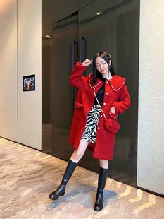 大码胖mm颗粒羊剪绒大衣女2022新款秋冬红色钉珠仿羊羔毛皮草外套