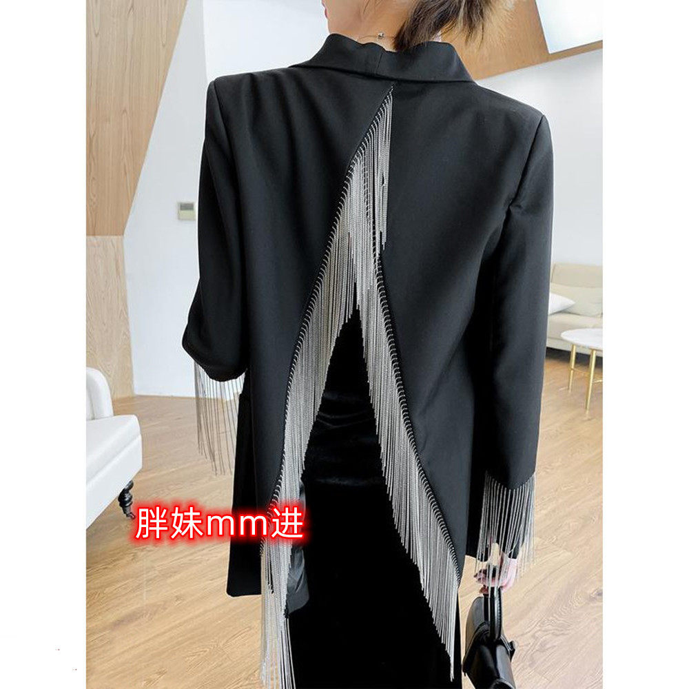 小灰姐大码女装胖mm同款金属流苏链条设计漏背开叉OL小西服外套女