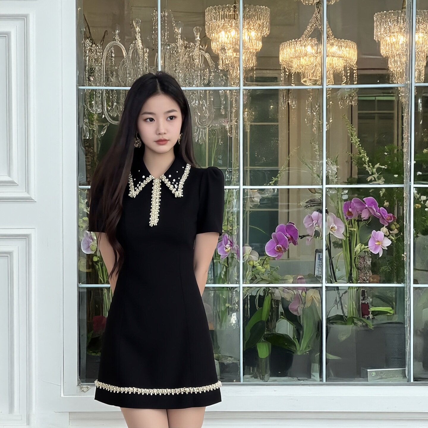 大码胖MM夏新千金风黑色翻领连衣裙女重工珍珠装饰收腰显瘦A字裙