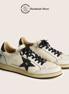 PIPG手工复古擦色脏脏鞋星星板鞋男女做旧小白鞋透气真皮休闲厚底