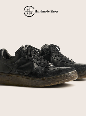 PIPG男女鞋小众原创设计手工黑色真皮鞋复古运动休闲板鞋洗水马皮