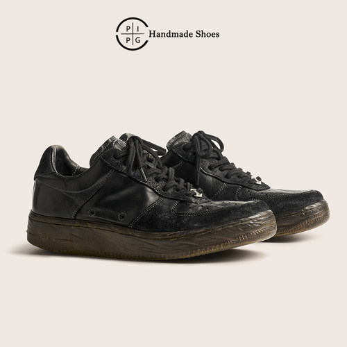 PIPG男女鞋小众原创设计手工黑色真皮鞋复古运动休闲板鞋洗水马皮