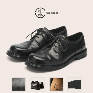PIPG复古马皮水洗褶皱手工德比皮鞋黑色 商务休闲大头厚底男鞋