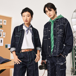 Lining/李宁正品中国文化系列女子时尚宽松水洗牛仔外套AJDT366