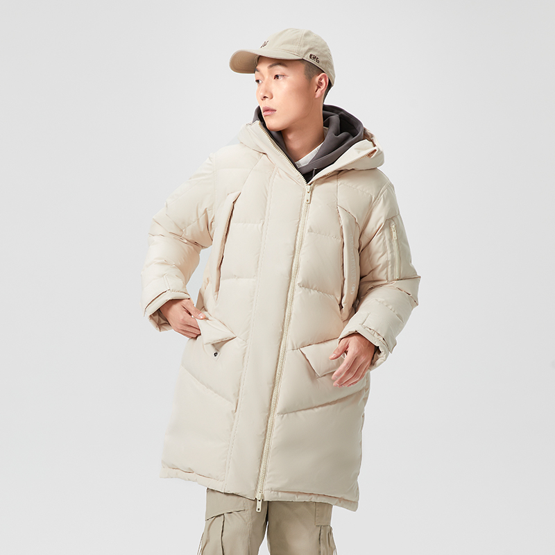 李宁冬季新款羽绒服BADFIVE男子宽松白鸭绒长羽绒服AYMR087