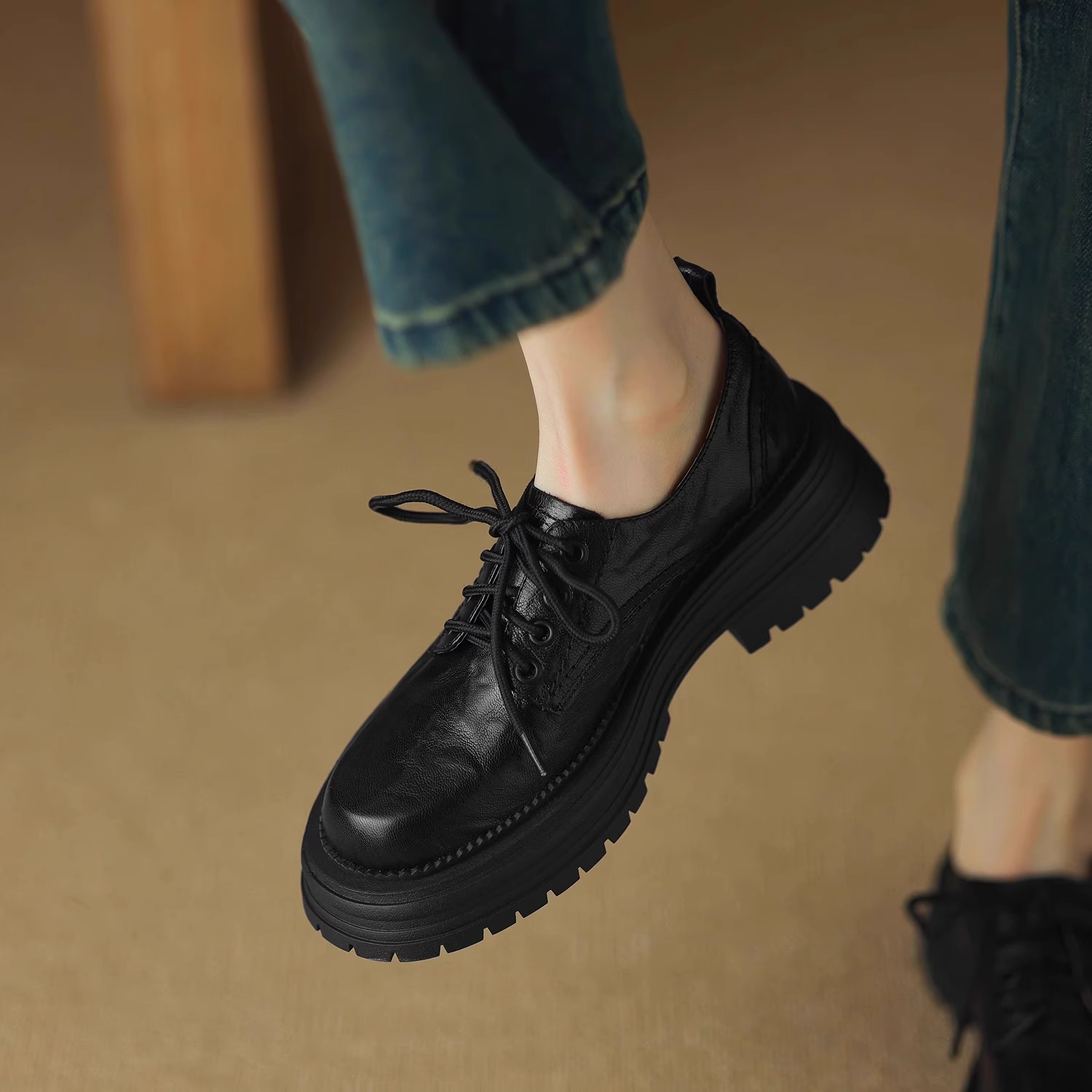 巨软~小羊皮法式厚底小皮鞋粗跟