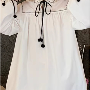 le rouge周美美 学院派复古少女绑带刺绣包边衬衫娃娃长袖连衣裙